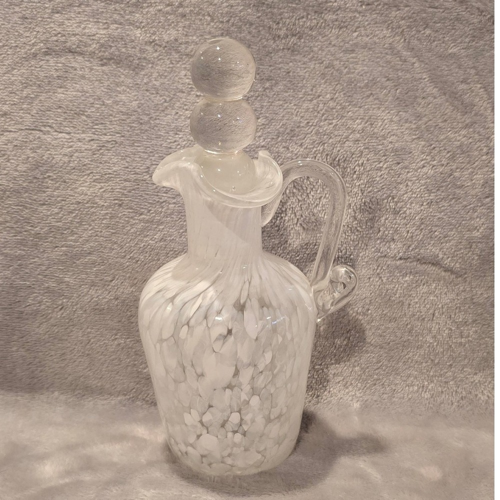 Vintage White Confetti Spatter Hand Blown Glass Cruet Decanter with Stopper